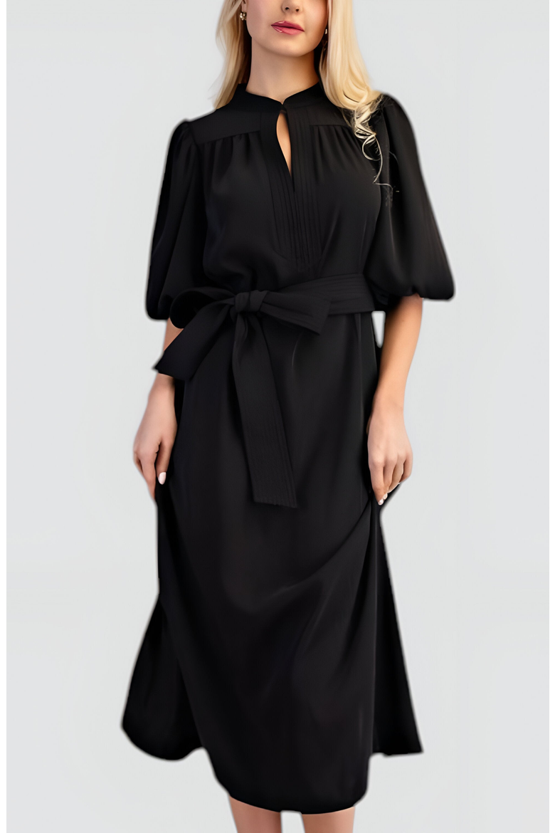 Puff Sleeve Midi Dress with Belt, Alternate, color, Black