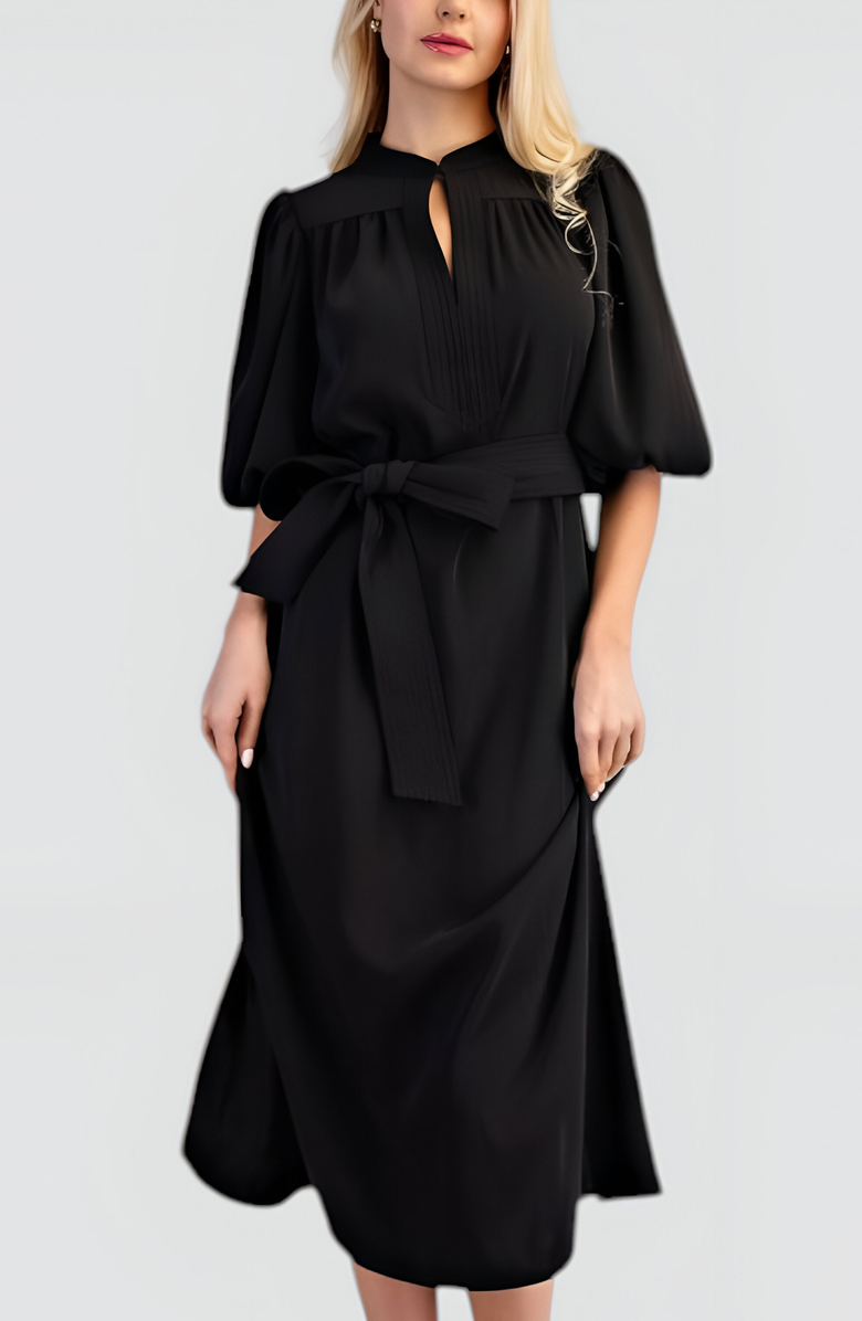 Modenaire Puff Sleeve Midi Dress with Belt, Alternate, color, Black