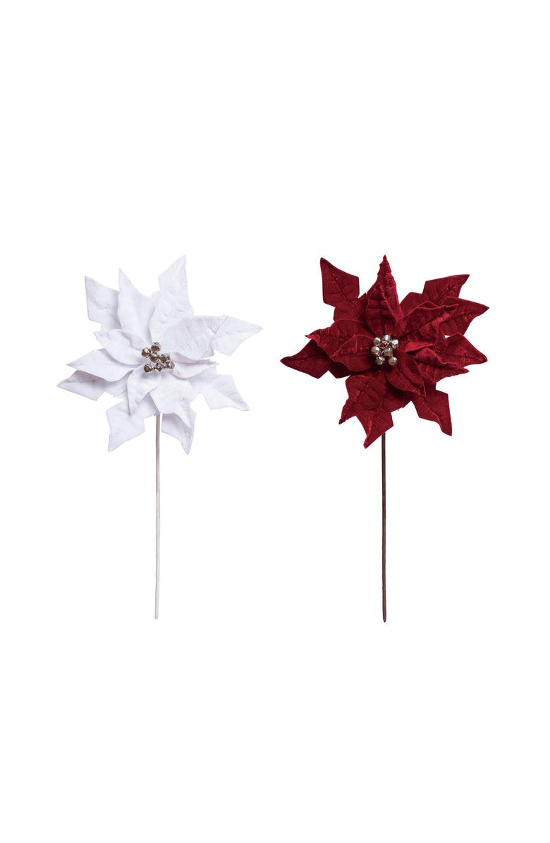 Transpac Christmas Velvety Poinsettia Pick with Gold Glitz Set of 2, Main, color, 