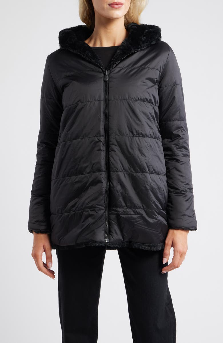 Save The Duck Bridget Reversible Faux Fur Hooded Jacket, Alternate, color, Black