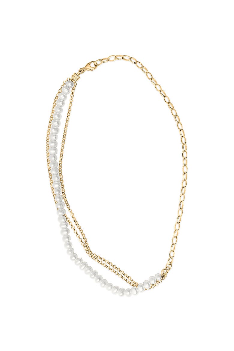 18K Yellow Gold Vermeil Cultured Pearl Strand Necklace with Rolo and Paperclip Chain, Alternate, color, Yellow Gold over Silver