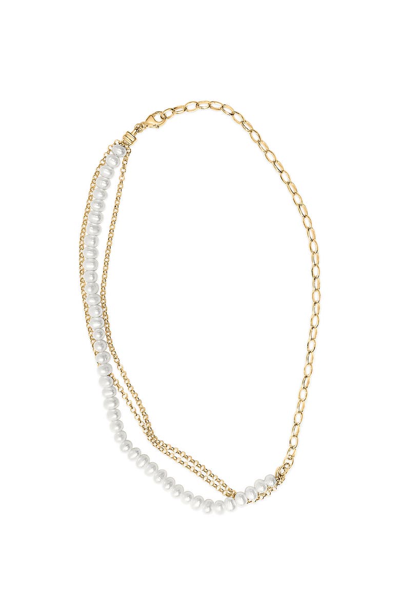 Haus of Brilliance 18K Yellow Gold Vermeil Cultured Pearl Strand Necklace with Rolo and Paperclip Chain, Alternate, color, Yellow Gold Over Silver