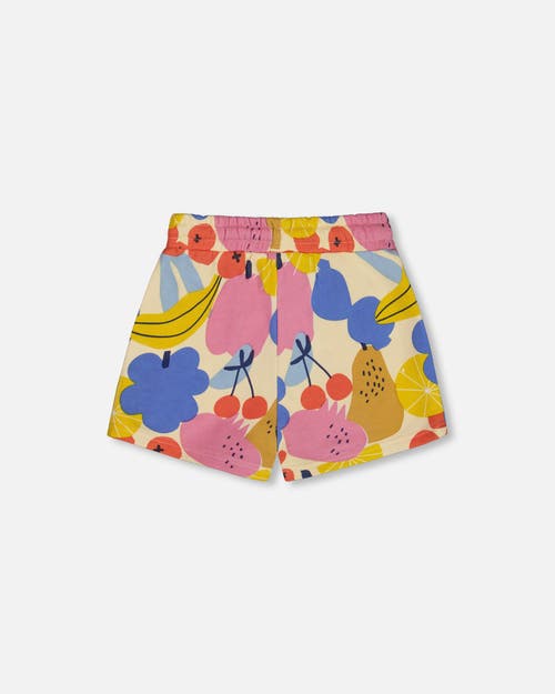 Deux Par Deux Little Girl's Printed French Terry Short Fruits On Yellow Background In Fruits On Yellow Background