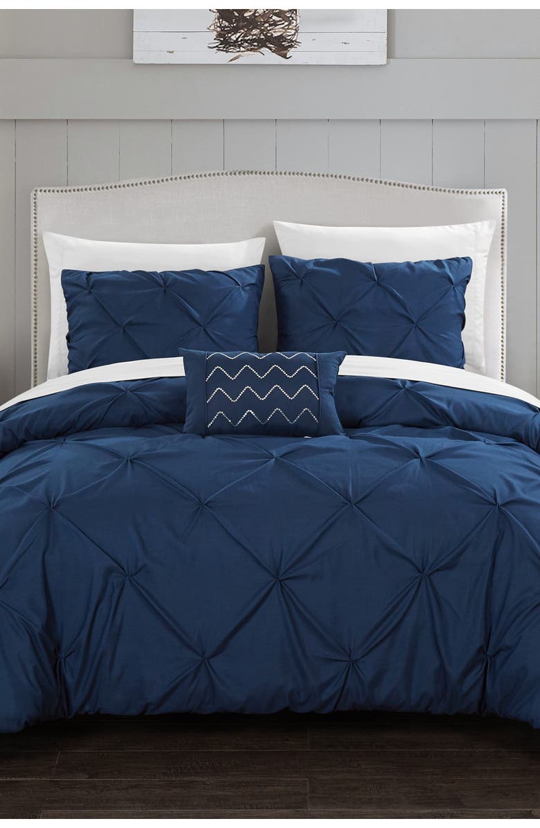 CHIC Queen Weber Pinch Pleat Ruffled Design Duvet 4-Piece Cover Set - Navy, Main, color, 