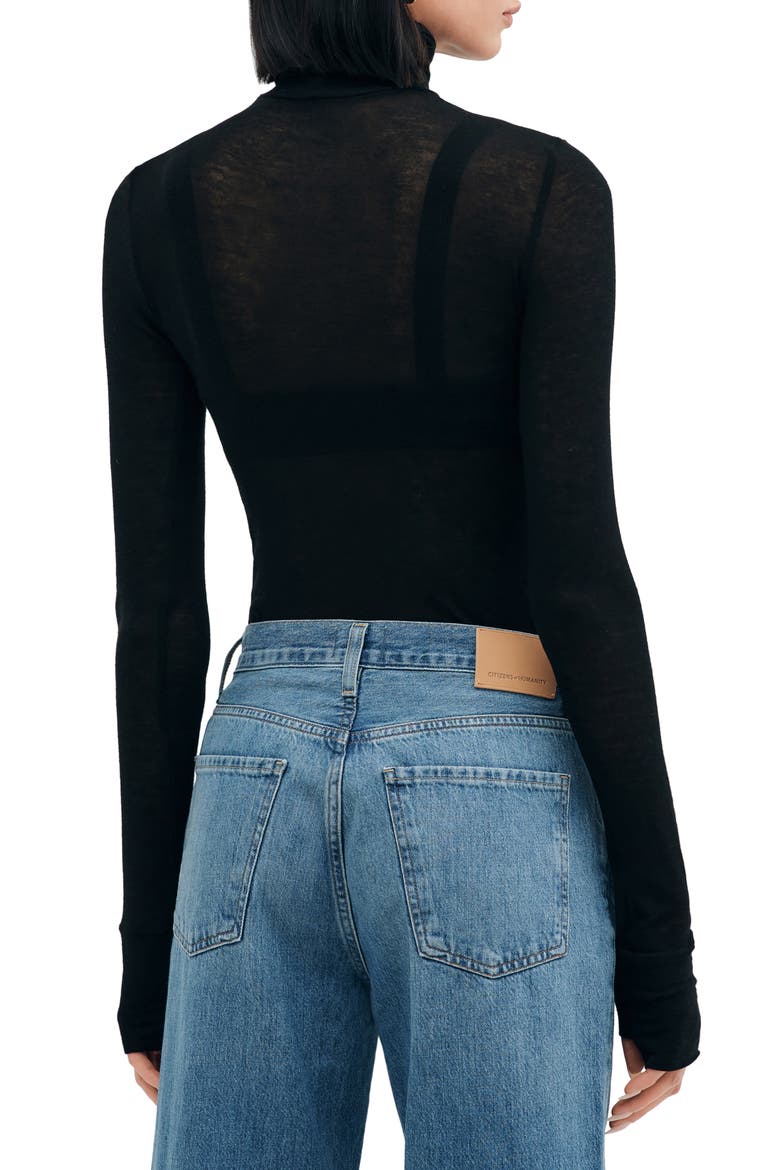 Eloise Turtleneck Semisheer Jersey Top, Alternate, color, BLACK