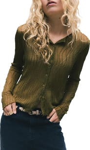 NEXT Wavy Pintuck Pleat Mesh Button-Up Top