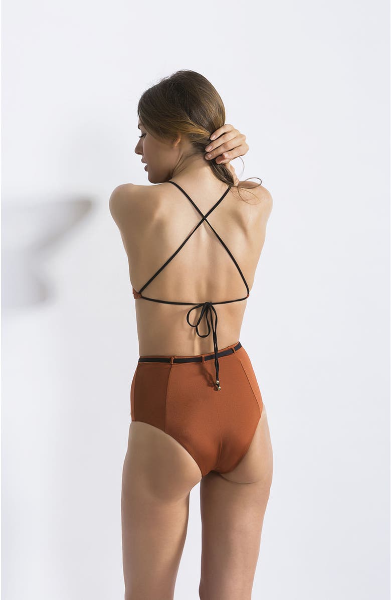 NESSI BYRD Terracotta High-Waist Triangle with Belted Bikini Set, Alternate, color, Terracotta