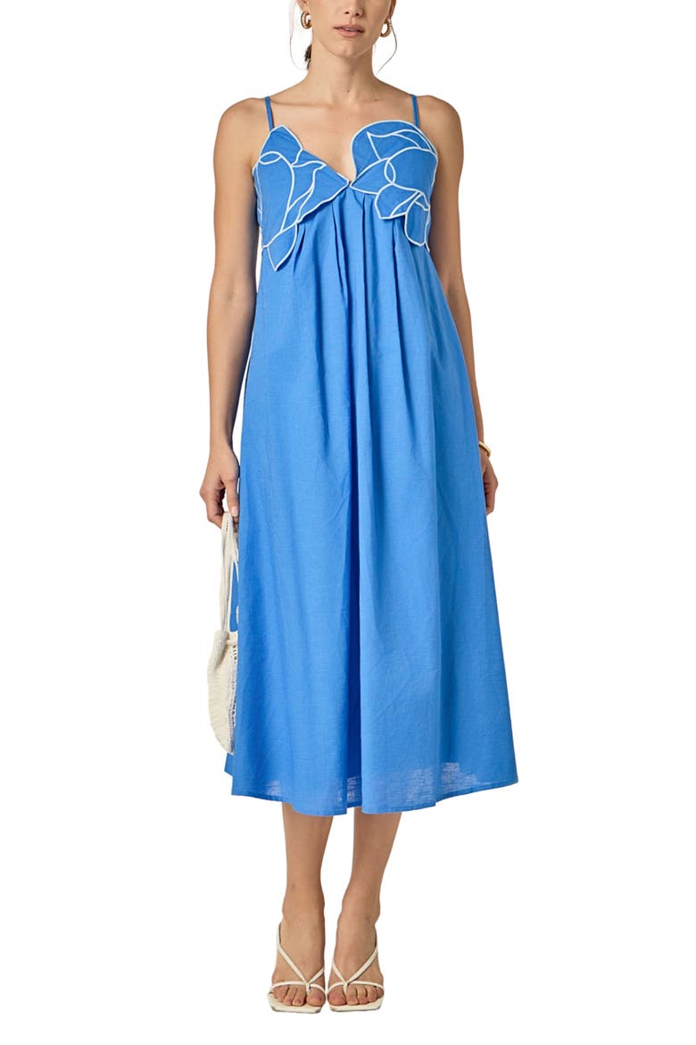 Embroidered Pleated Sleeveless Linen & Cotton Maxi Dress, Main, color, BLUE