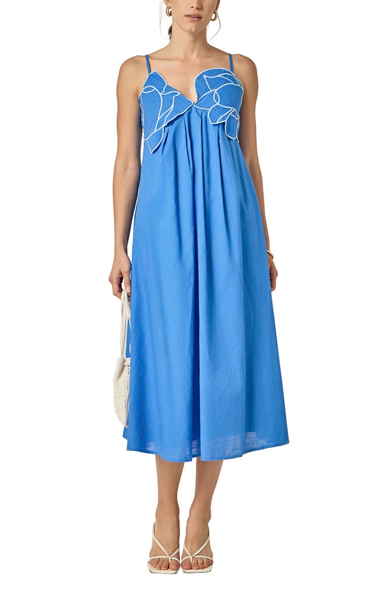English Factory Embroidered Pleated Sleeveless Linen & Cotton Maxi Dress, Main, color, Blue