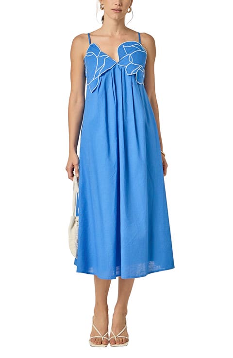 Embroidered Pleated Sleeveless Linen & Cotton Maxi Dress