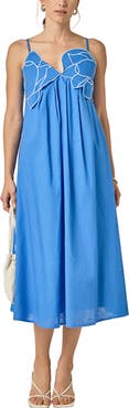 English Factory Embroidered Pleated Sleeveless Linen & Cotton Maxi Dress