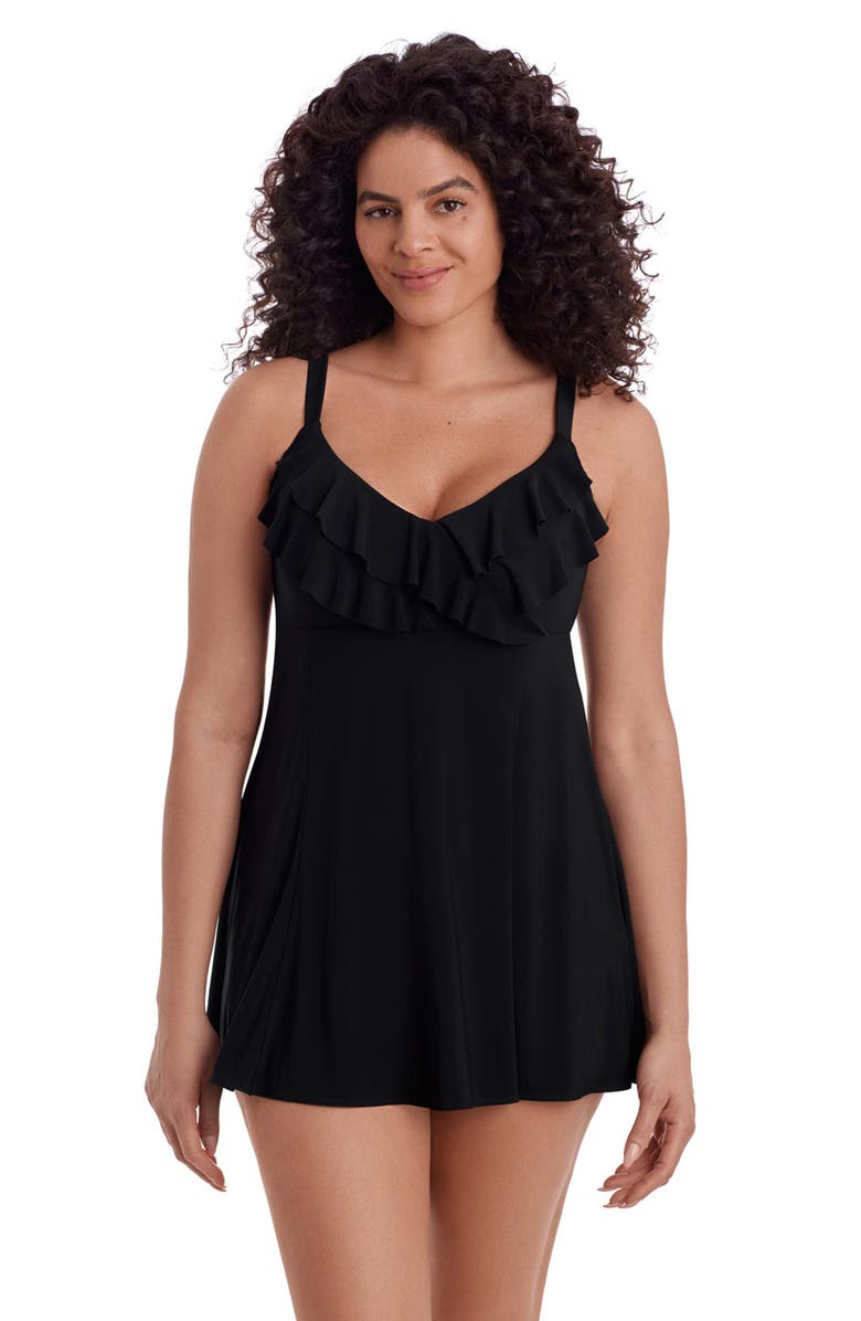 Longitude Ruffle Long Torso Swim Dress, Main, color, Black