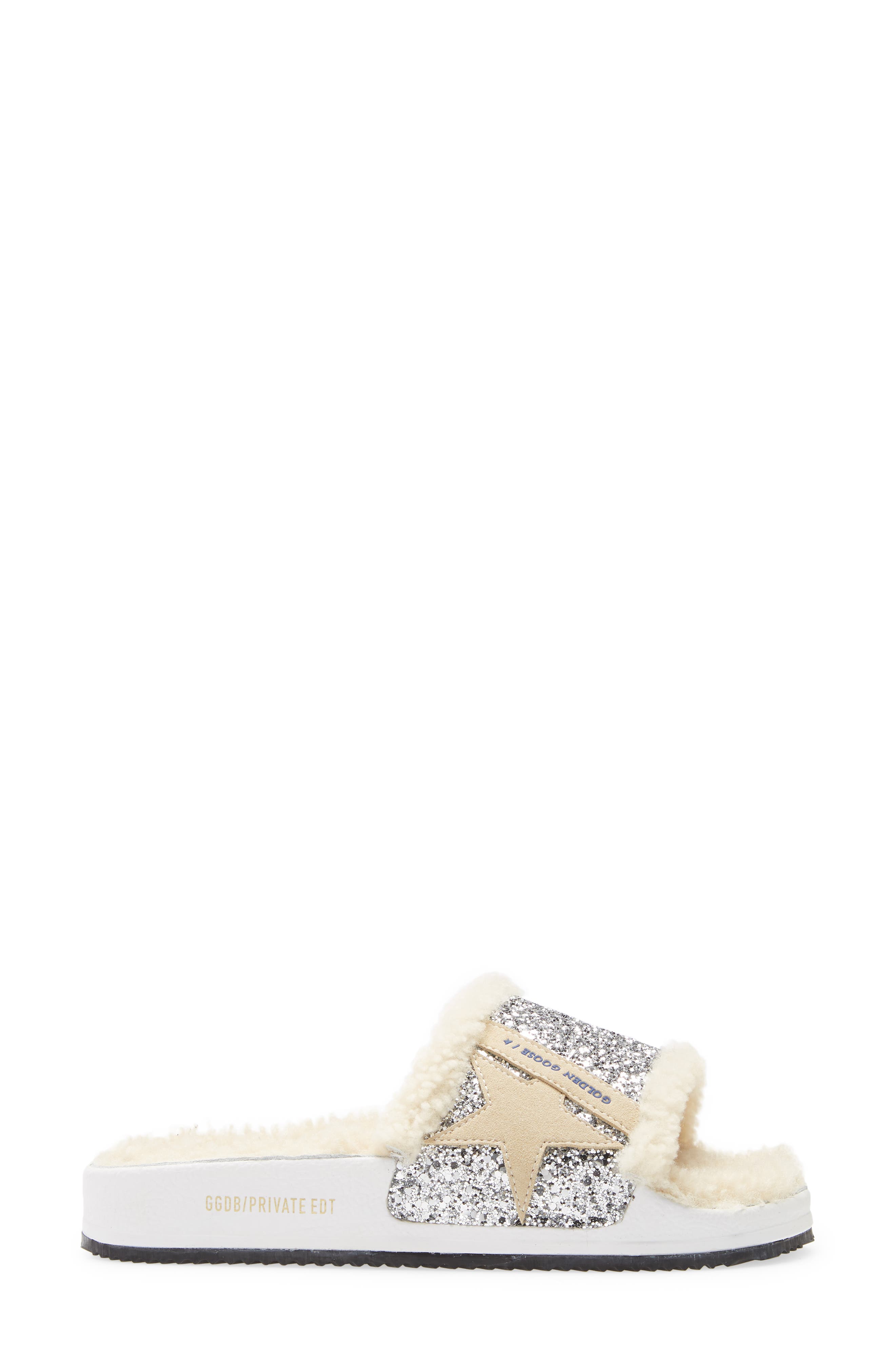 Poolstar Genuine Shearling & Glitter Slide Sandal (Nordstrom Exclusive), Alternate, color, SILVER/ CAPPUCCINO/ BEIGE