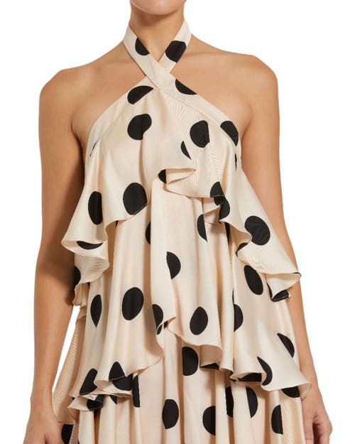 Mac Duggal Polka Dot Charmeuse Halter Tiered Ruffle Gown