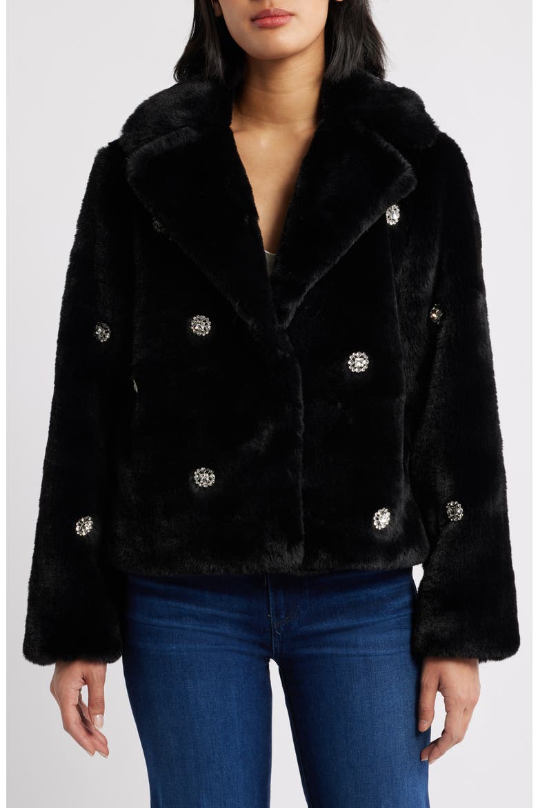 Rhinestone Button Faux Fur Jacket, Alternate, color, BLACK