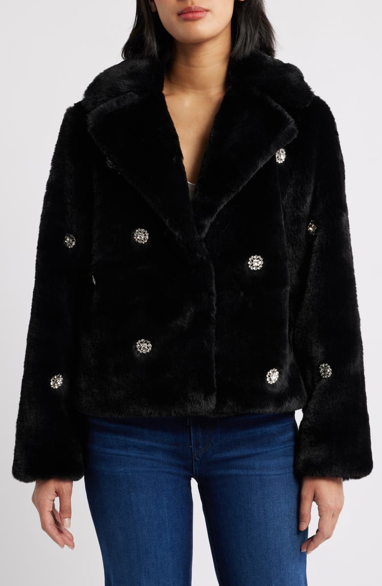 CeCe Embellished Faux Fur Coat, Alternate, color, Black