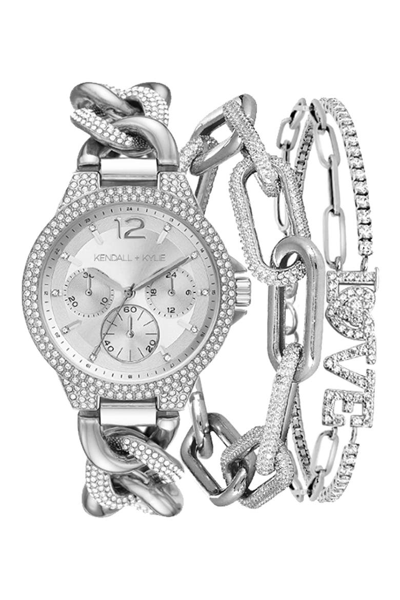 Glass Crystal Watch & Double Bracelet 2-Piece Set, 35mm, Main, color, SILVER
