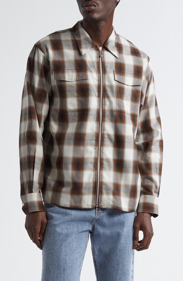 Second Layer Check Relaxed Fit Zip-Up Shirt, Main, color, Brown 0036
