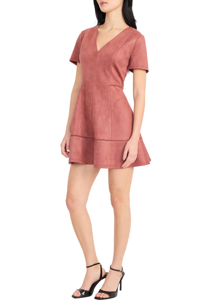 Short Sleeve Faux Suede Fit & Flare Minidress, Alternate, color, PINK