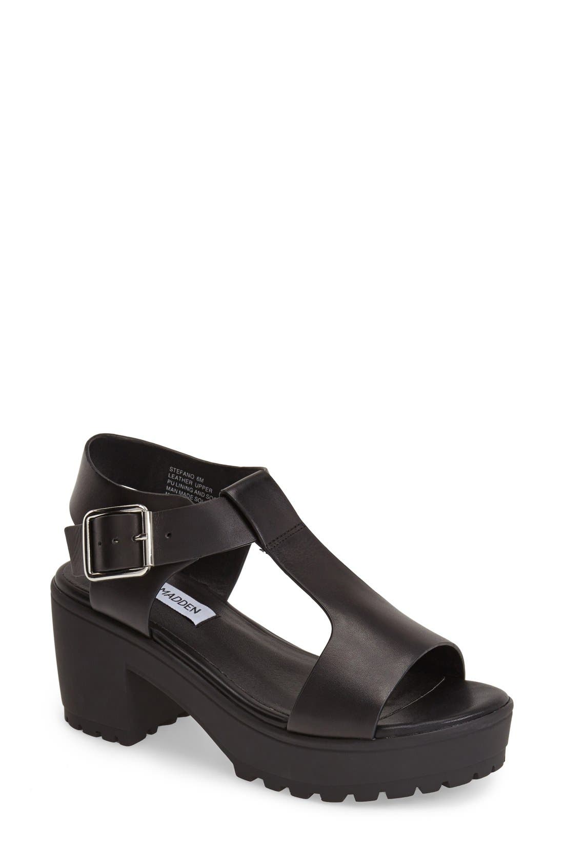 'Stefano' T-Strap Leather Platform Sandal, Main, color, BLACK