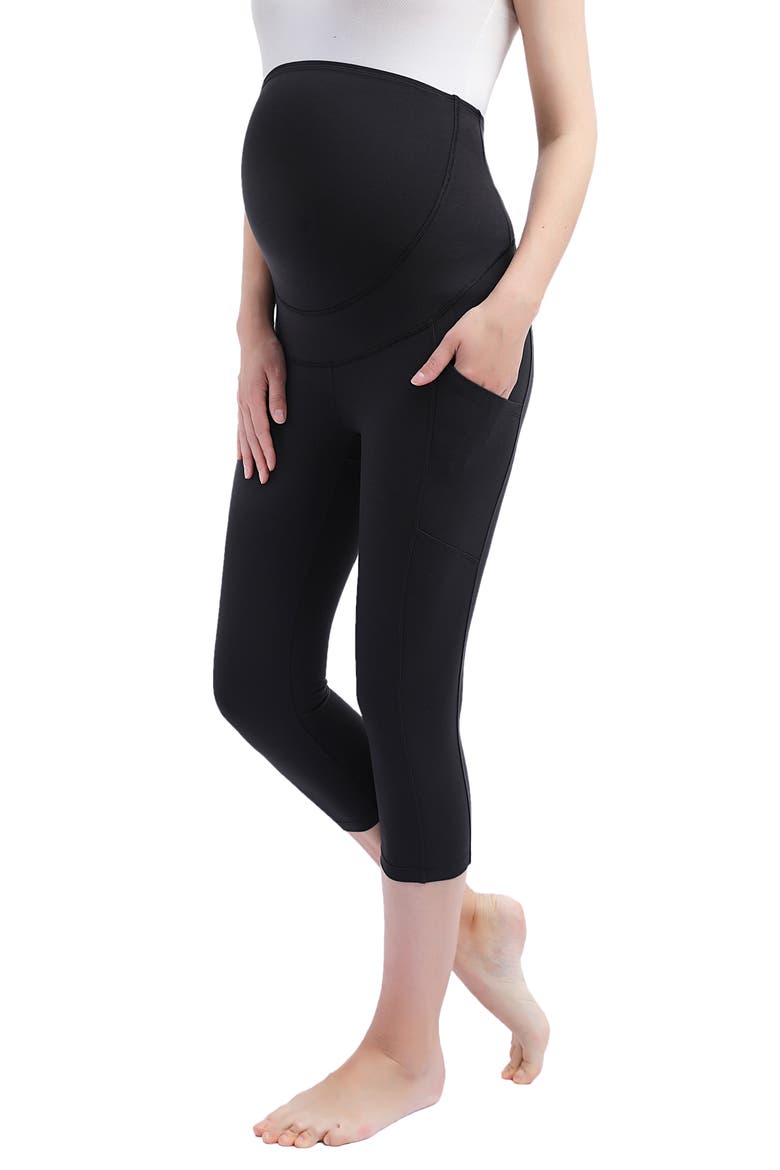 Mai Belly & Back Support Pocket Crop Maternity Tights, Alternate, color, BLACK