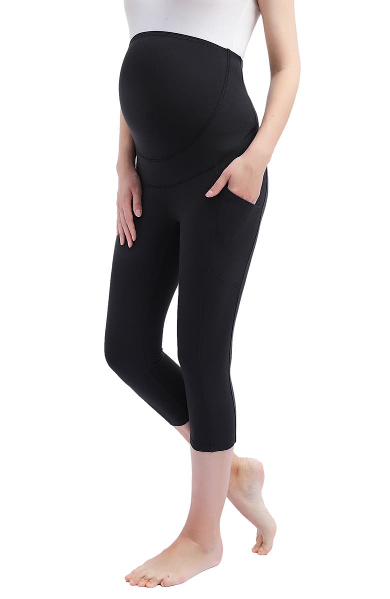 Kimi and Kai Mai Belly & Back Support Pocket Crop Maternity Tights, Alternate, color, Black