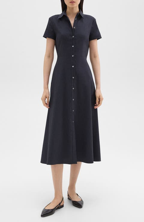Short Sleeve Linen Blend Midi Shirtdress