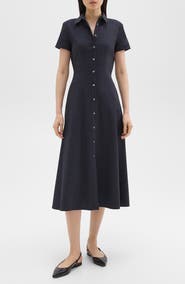 Theory Short Sleeve Linen Blend Midi Shirtdress