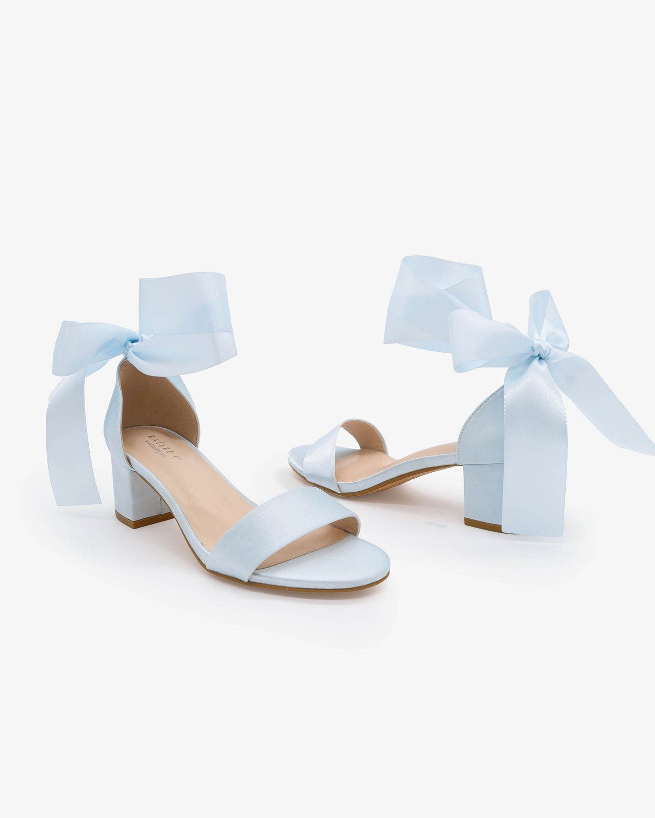 Kailee P Naomi Satin Block Heel Wedding Sandal with Wrapped Satin Ribbon Tie, Alternate, color, Light Blue