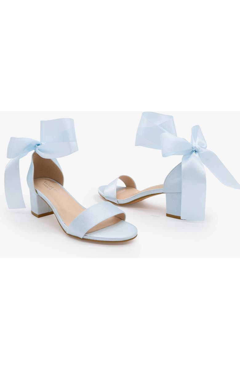 Kailee P Naomi Satin Block Heel Wedding Sandal with Wrapped Satin Ribbon Tie, Alternate, color, Light Blue