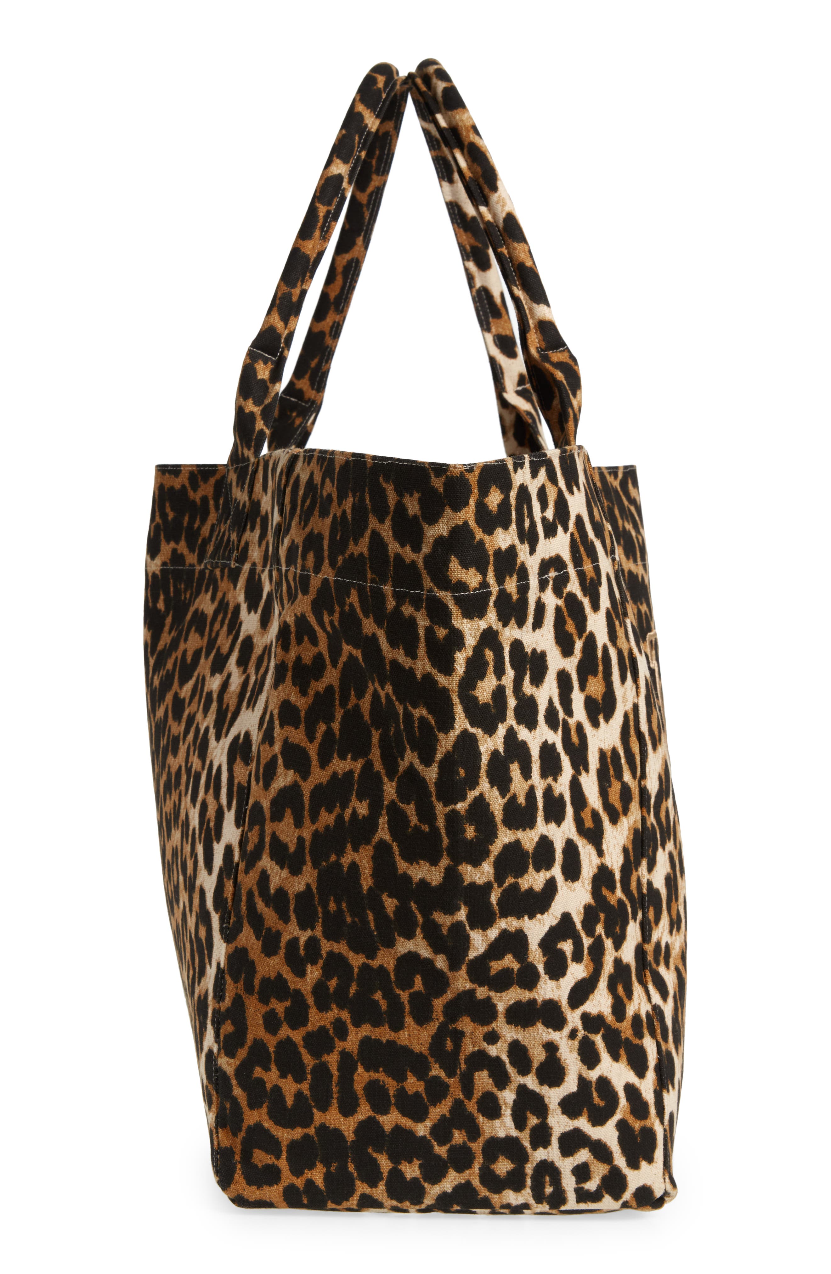 Ganni XXL Leopard Print Recycled Cotton Shopper Tote, Alternate, color, 