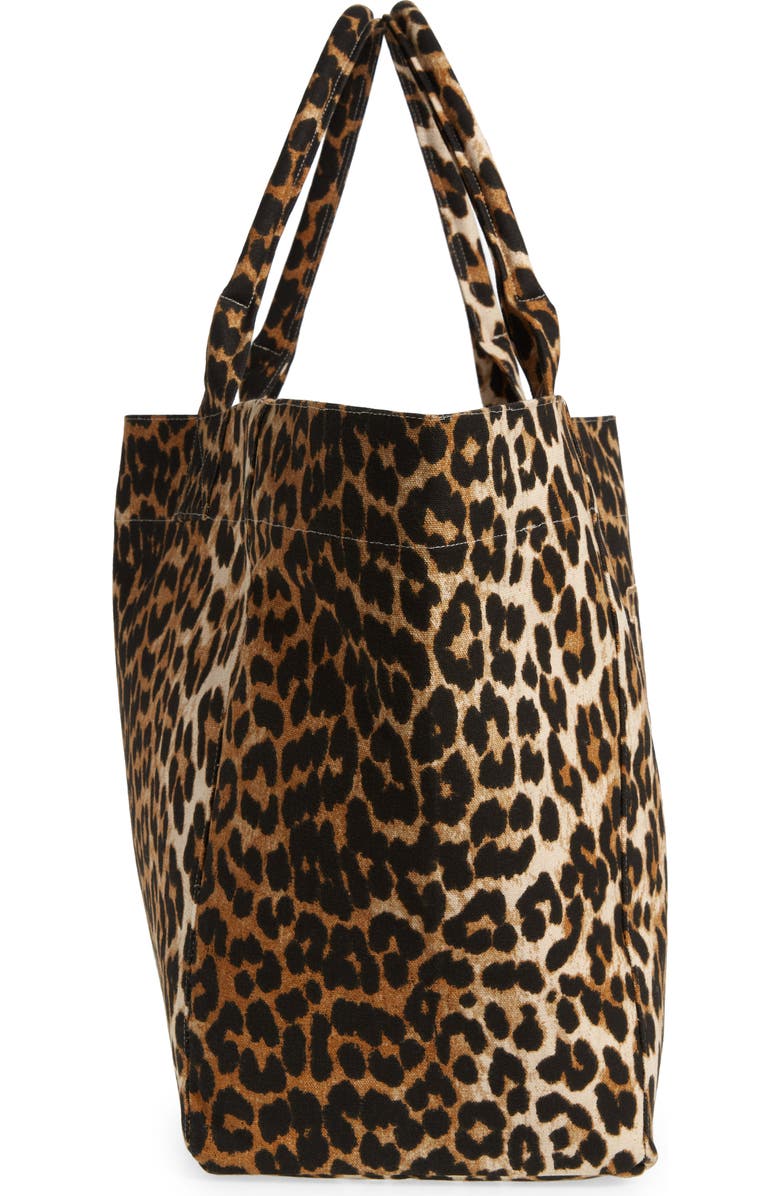 Ganni XXL Leopard Print Recycled Cotton Shopper Tote, Alternate, color,