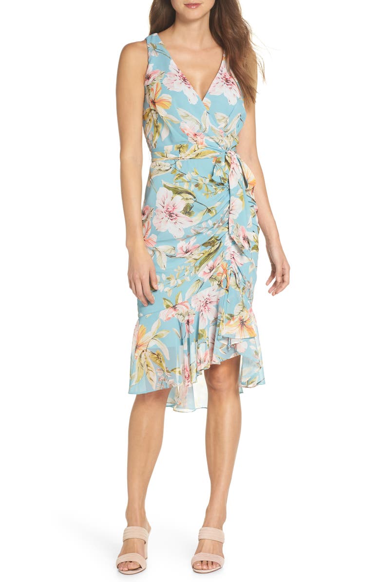 Eliza J Floral Print Faux Wrap Midi Dress, Main, color,