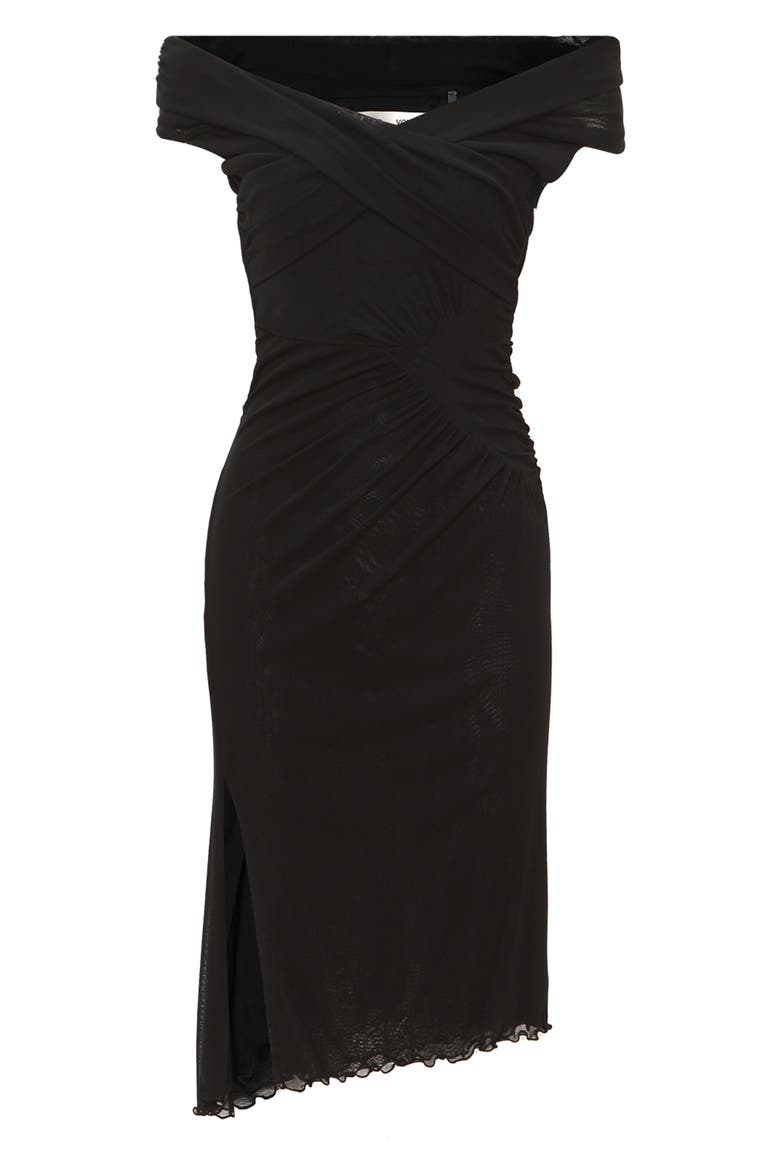 Lovinia Off the Shoulder Mesh Dress, Alternate, color, BLACK
