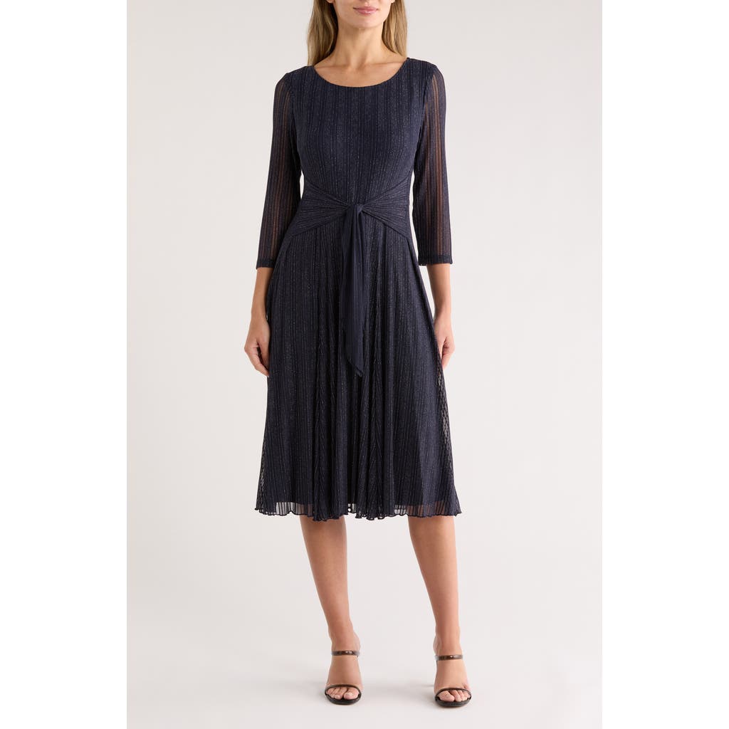 Connected Apparel Three-quarter Sleeve Mesh A-line Dress In Blue