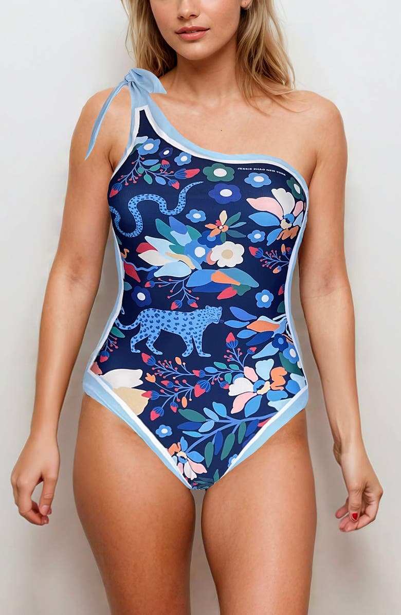 Jessie Zhao New York Day/Night Zoo Reversible One-Shoulder One-Piece Swimsuit, Main, color, Blue