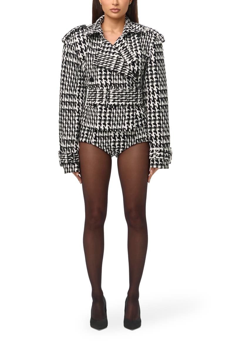 Houndstooth Short Trench Coat, Alternate, color, BLACK/ WHITE