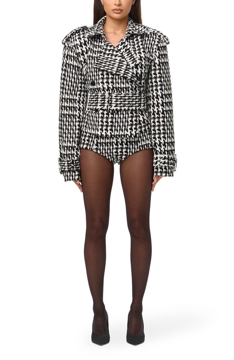 Naked Wardrobe Houndstooth Short Trench Coat, Alternate, color, Black/ White