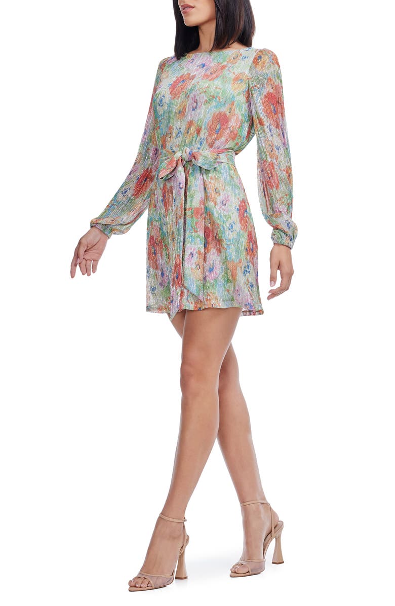 Dress the Population Kirsi Metallic Floral Long Sleeve Cocktail Minidress, Alternate, color, Sage Multi