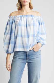 Caslon® Check Off the Shoulder Linen Blend Top