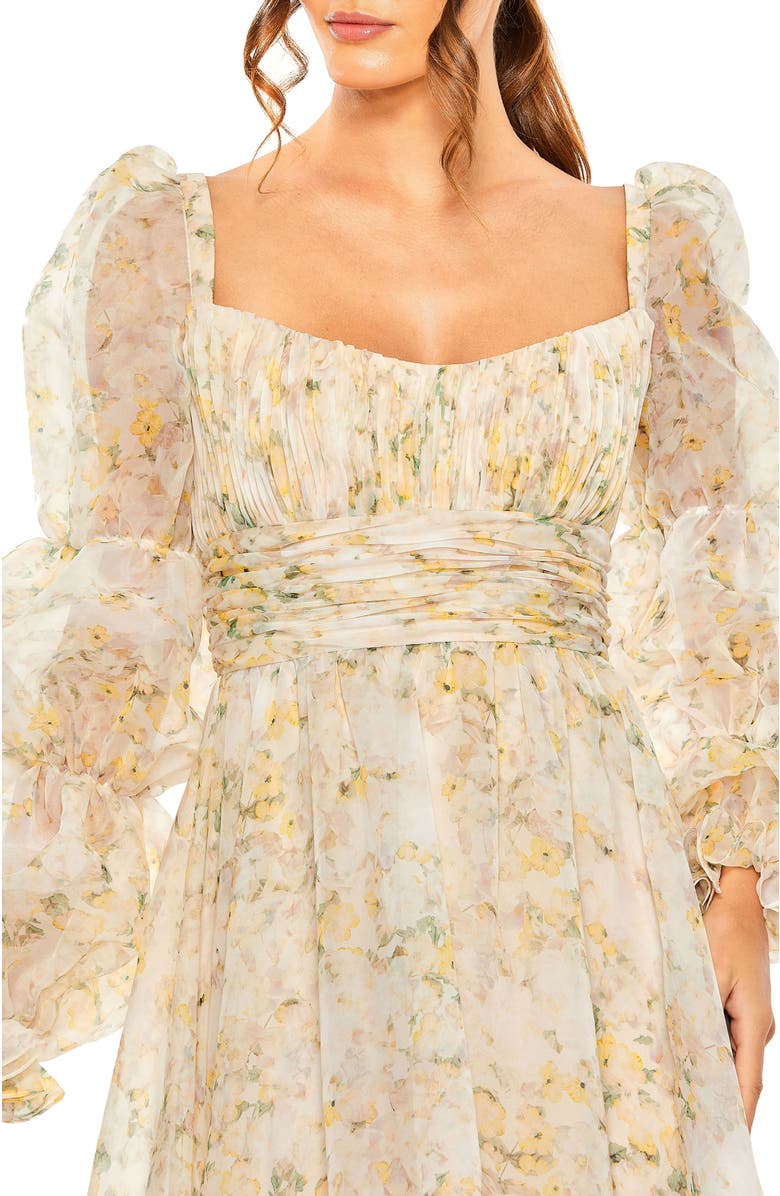 Mac Duggal Floral Chiffon Gown with Sweetheart Neckline, Puff Sleeves & Ruffle Tiered Skirt, Alternate, color, White Multi