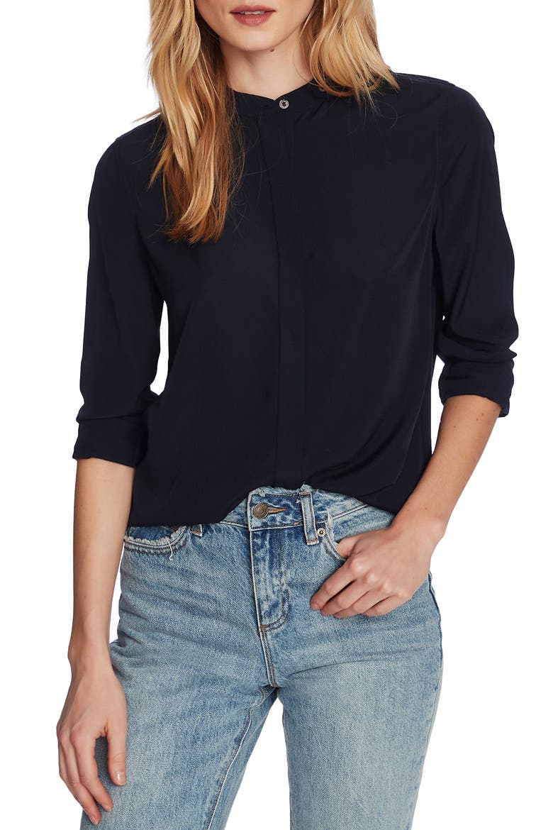 Button Band Collar Long Sleeve Shirt, Main, color, BLUE NIGHT