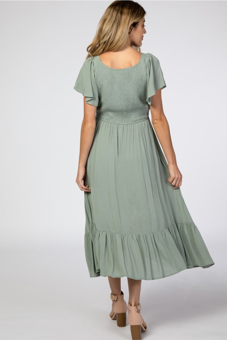 Smocked V-Neck Midi Dress, Alternate, color, Olive Green