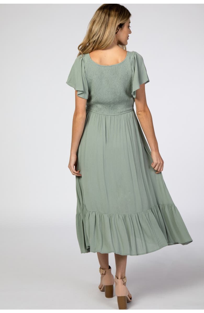 PinkBlush Smocked V-Neck Midi Dress, Alternate, color, Olive Green