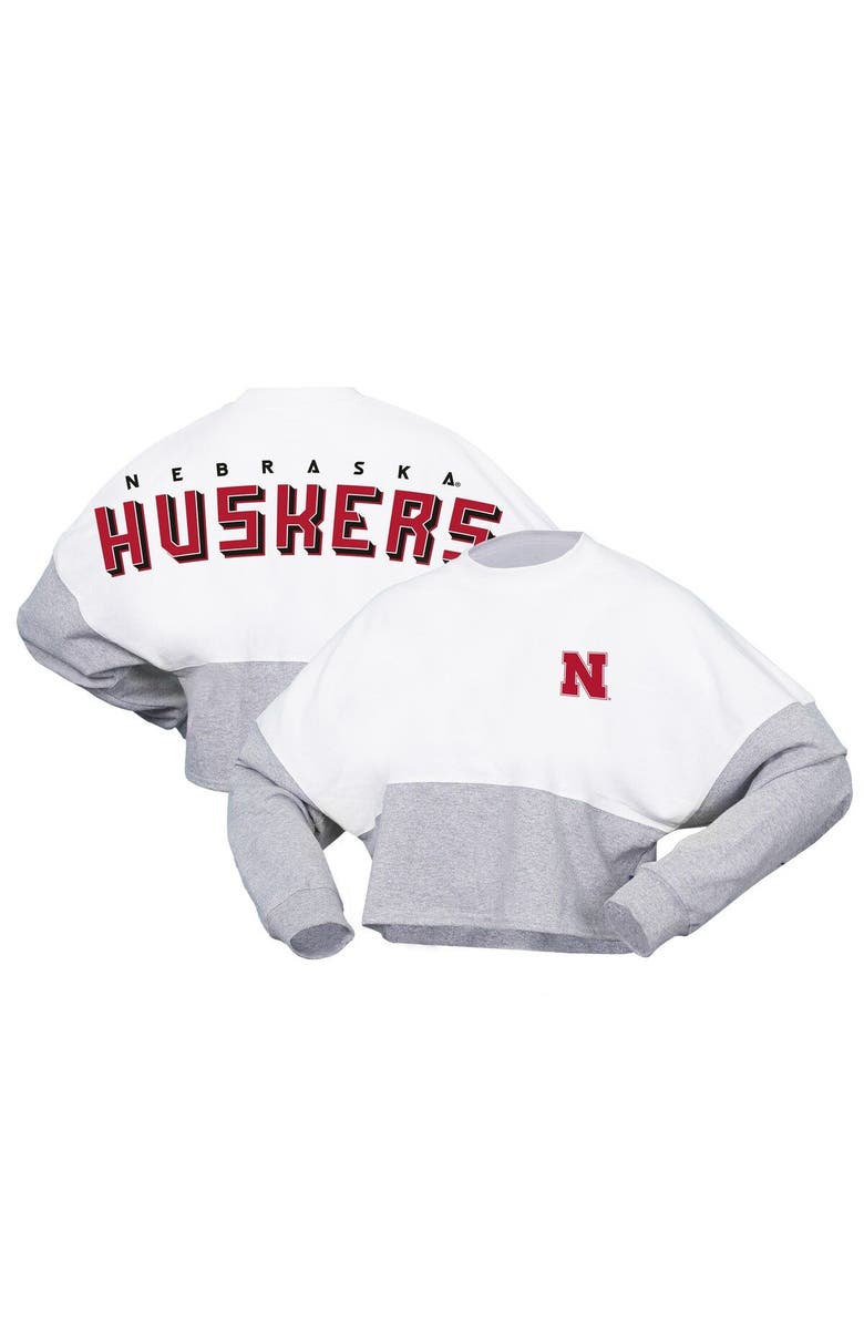 SPIRIT JERSEY Women's Spirit Jersey  White Nebraska Huskers Heather Block Cropped Long Sleeve Jersey T-Shirt, Main, color, White