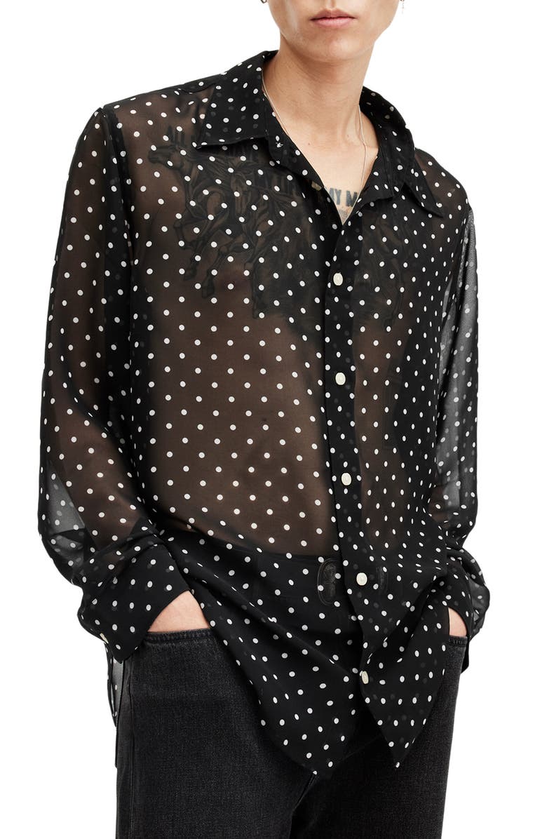 AllSaints Sangha Polka Dot Sheer Button-Up Shirt, Main, color, 