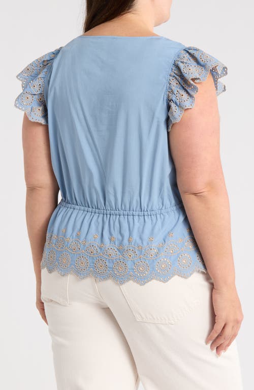 Democracy Embroidered Eyelet Flutter Sleeve Peplum Top In Blue