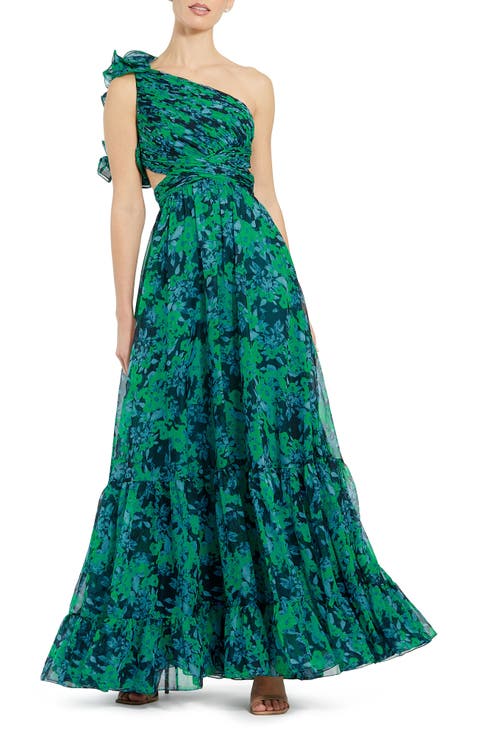 One Shoulder Ruffle Tiered Cut-Out Floral Chiffon Gown