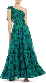 Mac Duggal One Shoulder Ruffle Tiered Cut-Out Floral Chiffon Gown