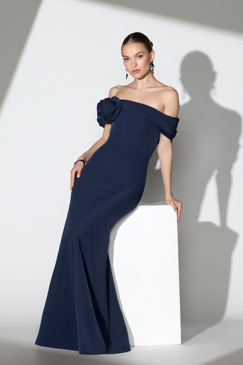 Off The Shoulder Crepe Mermaid Gown, Alternate, color, Navy